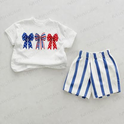 Baby Independence Day Bow Vertical Striped 2-piece Shorts Set - White&Blue - 2-3T - image 1