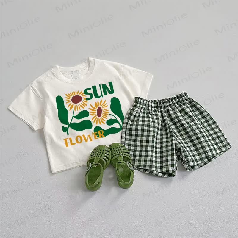 SUNFLOWER Baby Tee and Plaid Shorts 2-Piece Set - White&Green - 3-5T - image 1