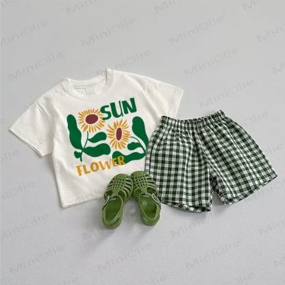 SUNFLOWER Baby Tee and Plaid Shorts 2-Piece Set - White&Green - 3-5T - image 1
