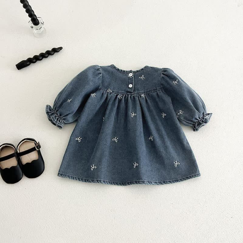 Girls Bow Embroidered Denim Dress - image 3