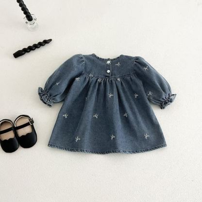 Girls Bow Embroidered Denim Dress - image 3