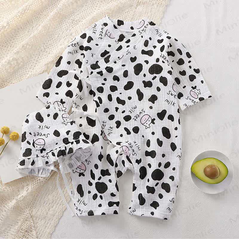 Baby Bear/Floral Gauze Romper with Ruffle Bonnet - White Cow - 18-24M - image 10