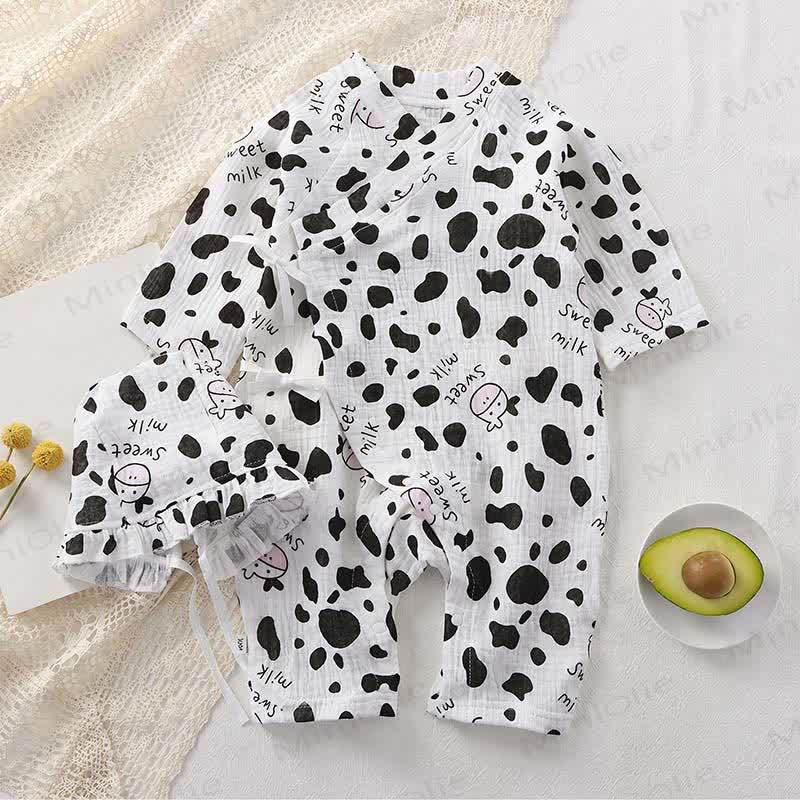 Baby Bear/Floral Gauze Romper with Ruffle Bonnet - White Cow - 18-24M - image 10
