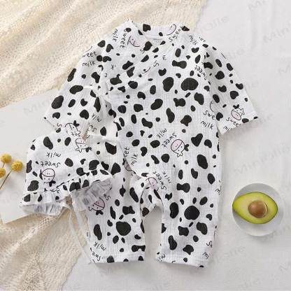 Baby Bear/Floral Gauze Romper with Ruffle Bonnet - White Cow - 18-24M - image 10