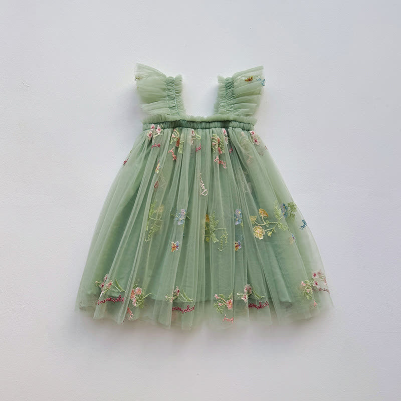 Toddler Girl Flower Mesh Flying Sleeves Dress - Green - 5-7T - image 5