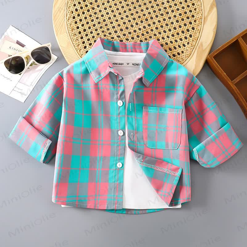 Toddler Colorful Plaid Button Front Pocket Summer Shirt - Pink & Green - 10-11T - image 6