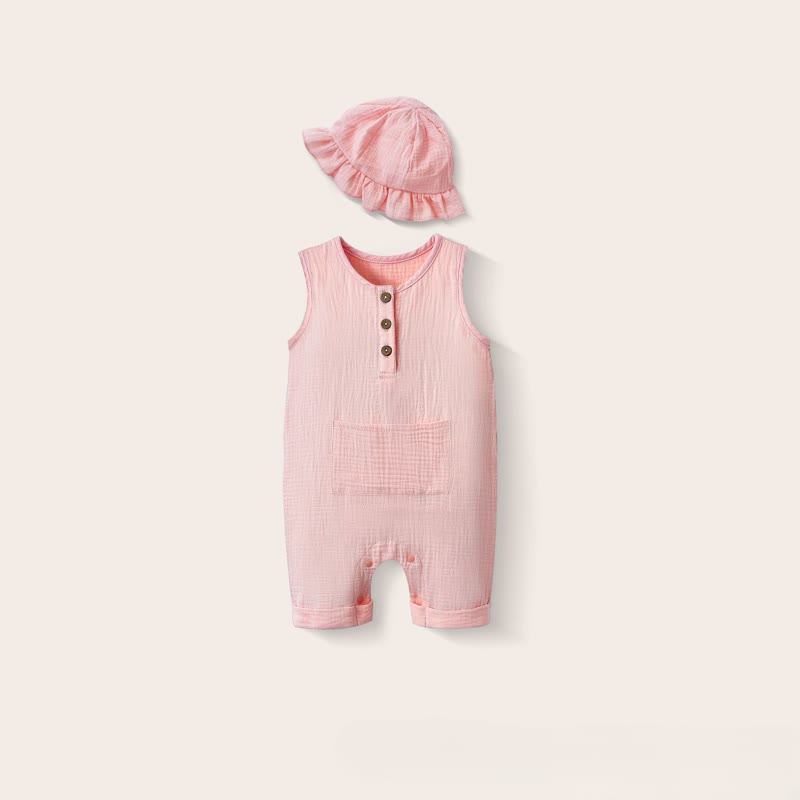 Baby Solid Color Pocket Sleeveless Romper with Hat - Light Pink - 12-18M - image 7