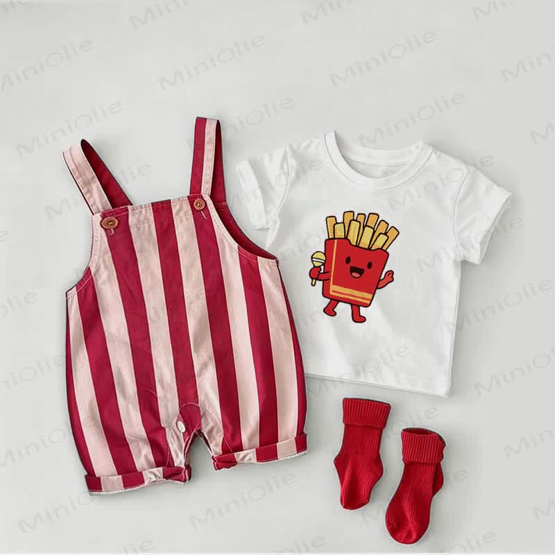 Baby Chips Print Red Stripe Overalls and White Tee 2-piece Set - White&Red - 2-3T - image 1