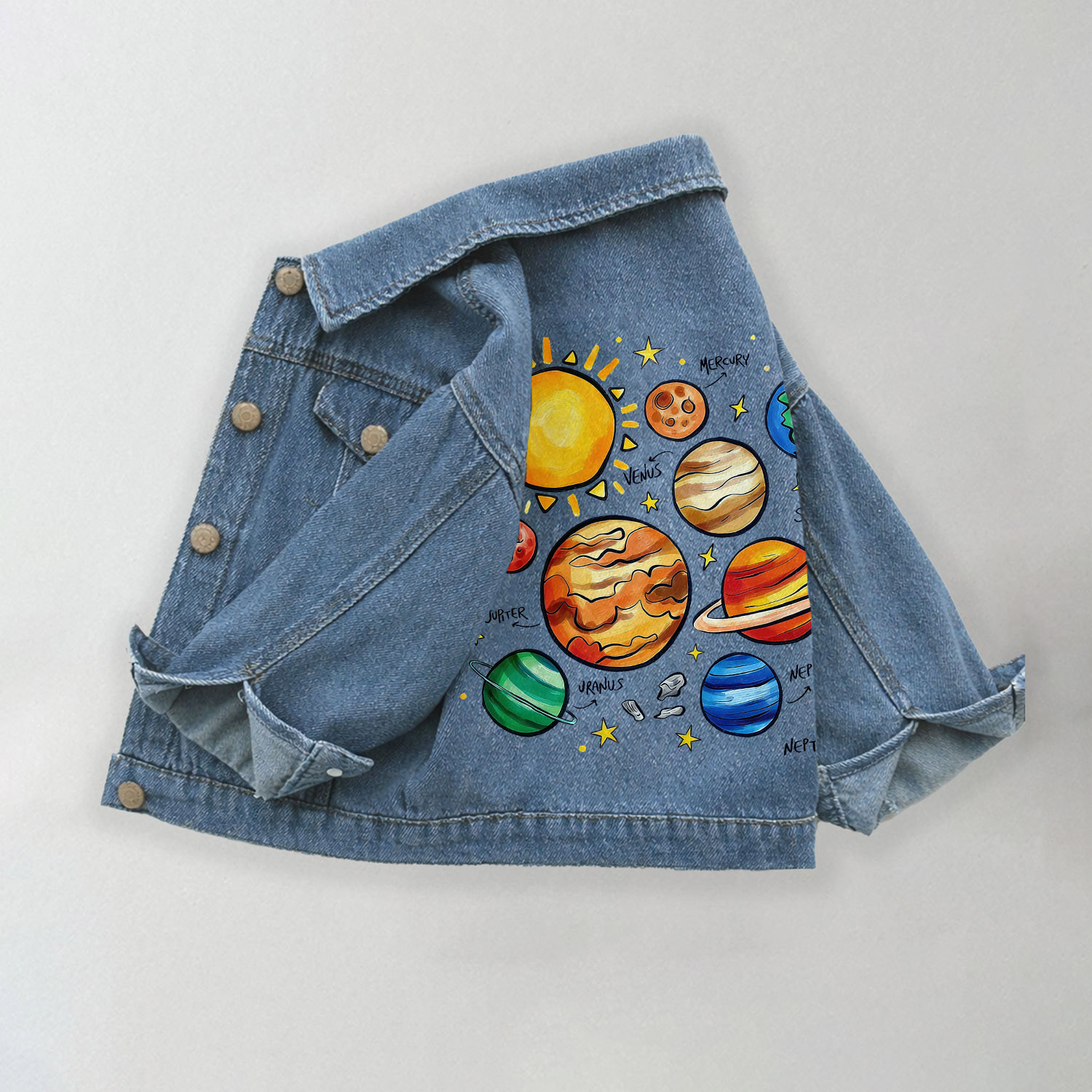 Toddler Kid Solar System Planets Pattern Denim Jacket - Blue - 10-11T - image 1