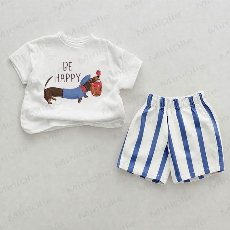 BE HAPPY Baby Dachshund Print Blue Vertical Striped 2-piece Shorts Set - White&Blue - 2-3T - image 1