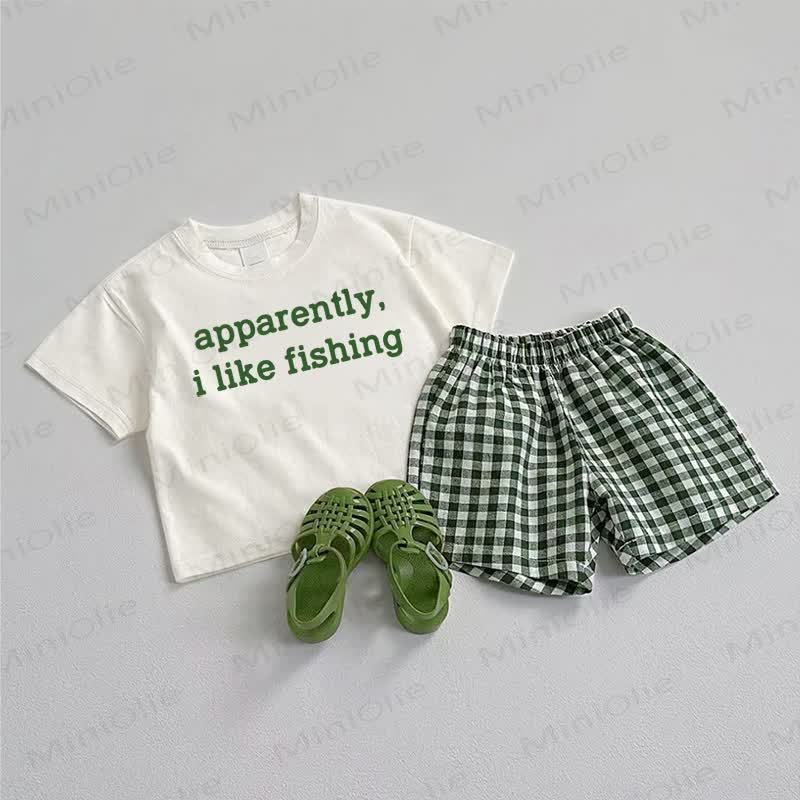 APPARENTLY, I LIKE FISHING Baby Tee and Shorts 2-Piece Set - White&Green - 3-5T - image 1