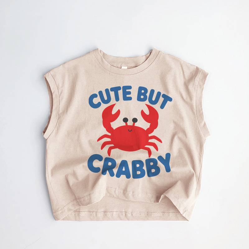 CUTE BUT CRABBY Baby Toddler Smiling Crab Khaki Tank Top - Khaki - 3-5T - image 1