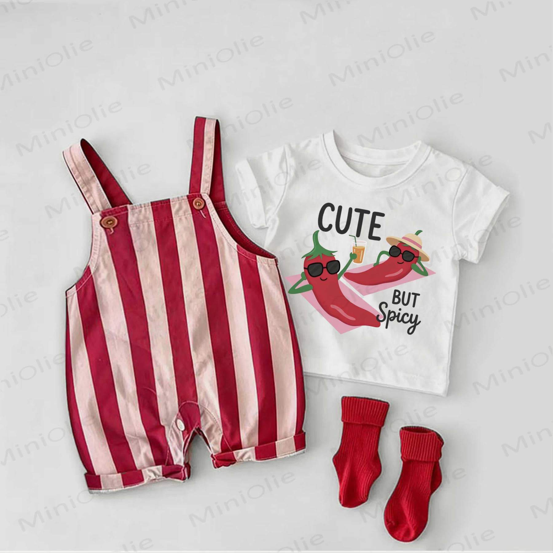 CUTE BUT SPICY Baby Chili Print Red Stripe Overalls and White Tee 2-piece Set - White&Red - 2-3T - image 1