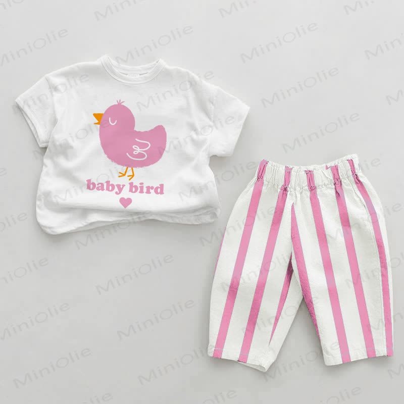 BABY BIRD Baby Girls Chick Print Pink Vertical Striped 2-piece Set - White&Pink - 2-3T - image 1