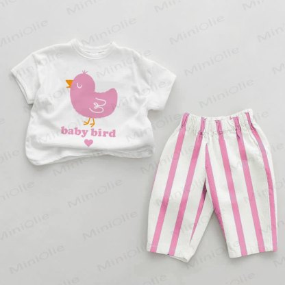 BABY BIRD Baby Girls Chick Print Pink Vertical Striped 2-piece Set - White&Pink - 2-3T - image 1