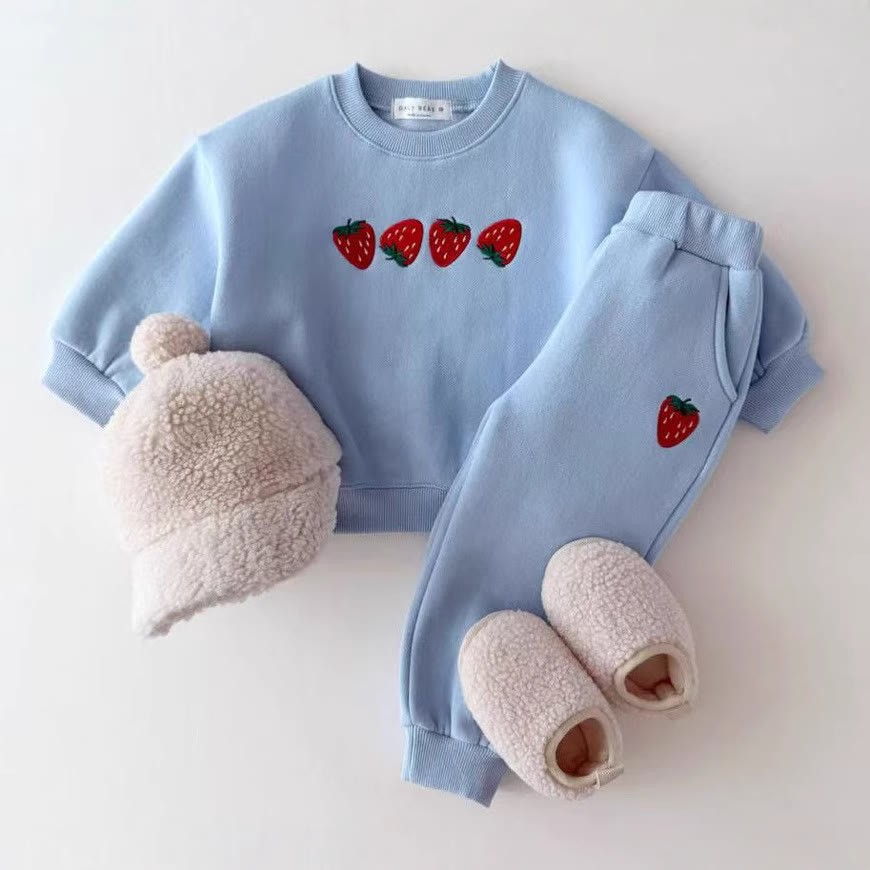 Baby Toddler Strawberry Embroidered Sweatshirt 2-piece Set  - Blue - 5-7T - image 3