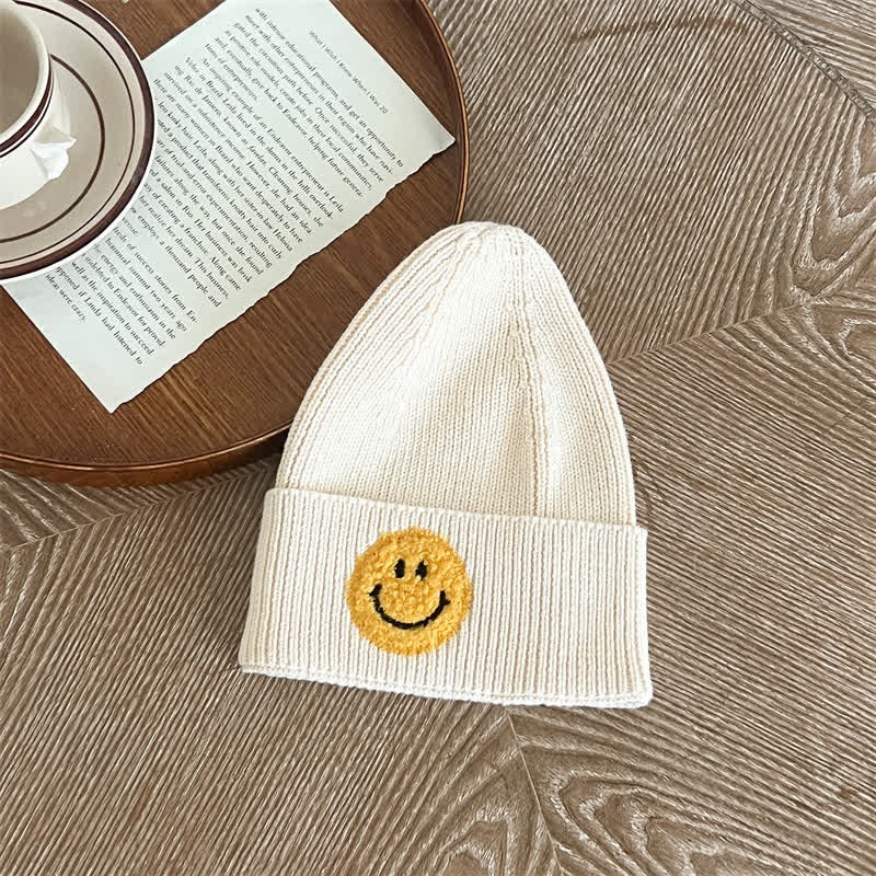 Baby Embroidered Smile Face Beanie - Cream - 0-12M - image 2