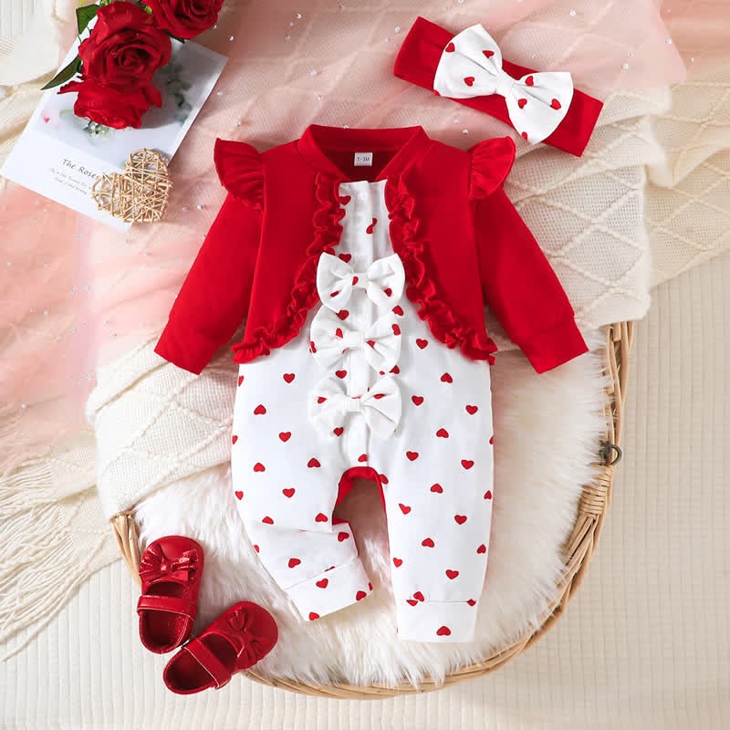 Baby Girl Bow Love Heart Romper with Headband - Red - 12-18M - image 2