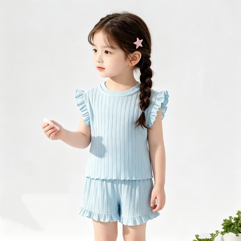 Toddler Girl Solid Color Ribbed Top and Shorts 2-piece Sleeveless Set - Blue - 8-9T - image 5