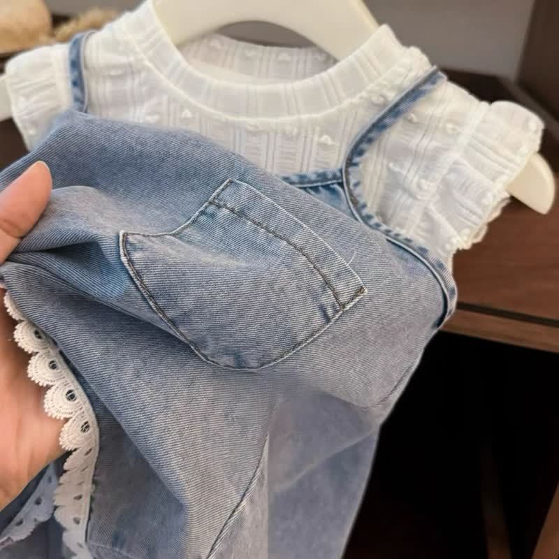 Toddler Baby Girl Ruffle Sleeve T-shirt and Denim Suspender Dress 2-piece Set - image 4
