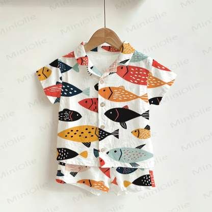 Toddler Boys Fish Print Shirt and Shorts 2-piece Set - White - 4-5T - image 1