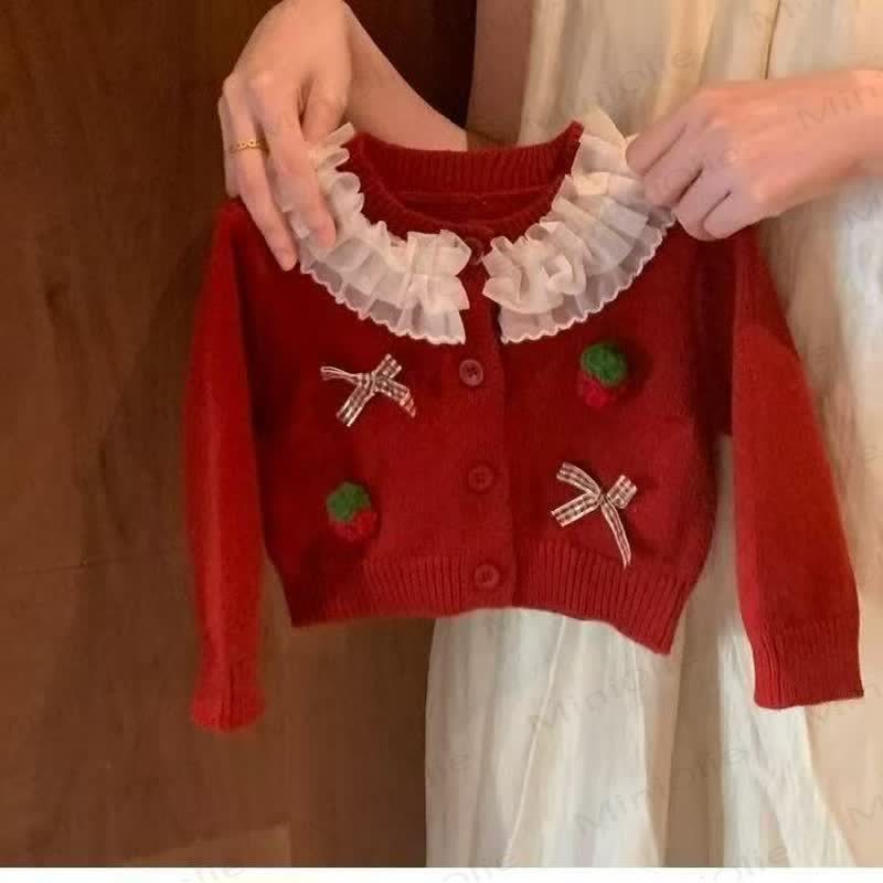 Baby Toddler Strawberry Bow Beige Dress & Red Knit Cardigan - Red Lace Cardigan - 5-7T - image 3