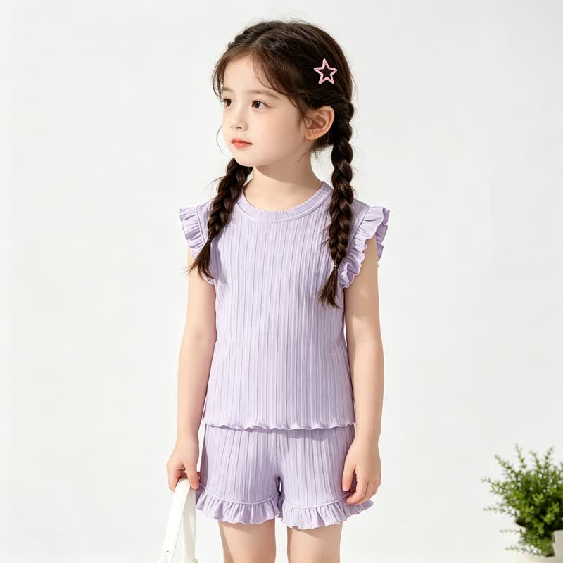 Toddler Girl Solid Color Ribbed Top and Shorts 2-piece Sleeveless Set - Purple - 8-9T - image 4