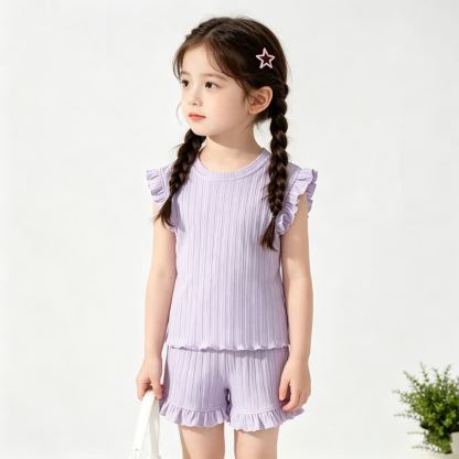 Toddler Girl Solid Color Ribbed Top and Shorts 2-piece Sleeveless Set - Purple - 8-9T - image 4