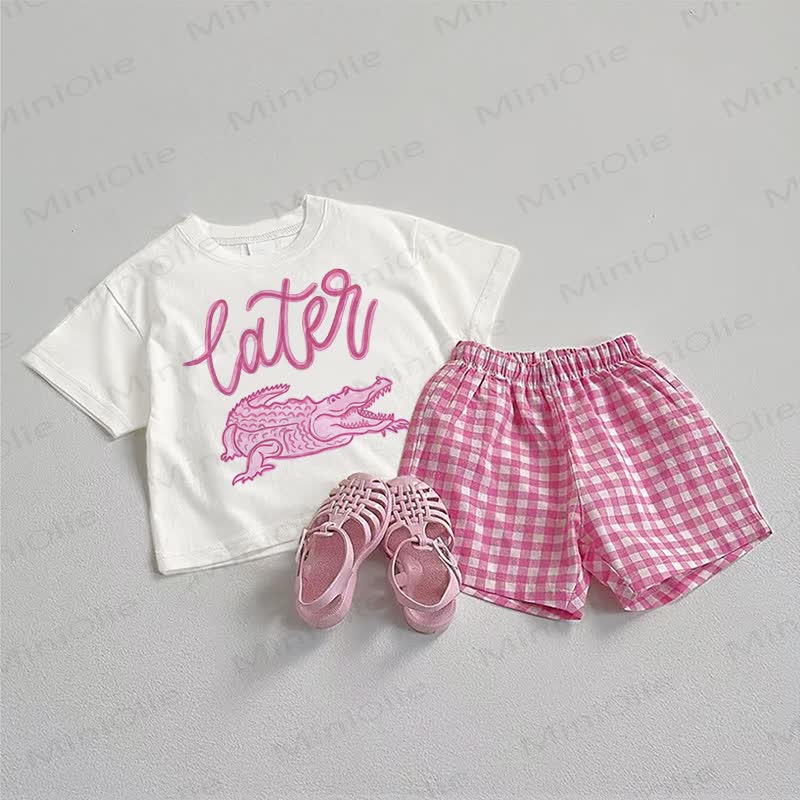 LATER Baby Crocodile Tee and Plaid Shorts 2-Piece Set - White&Pink - 3-5T - image 1