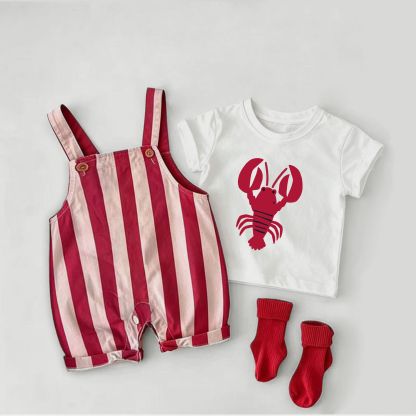 Baby Lobster Red Stripe Overalls and White Tee 2-piece Set - White&Red - 2-3T - image 1
