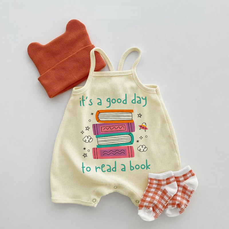 IT'S A GOOD DAY TO READ A BOOK Baby Waffle Book Print Suspenders Romper - Beige - 18-24M - image 1