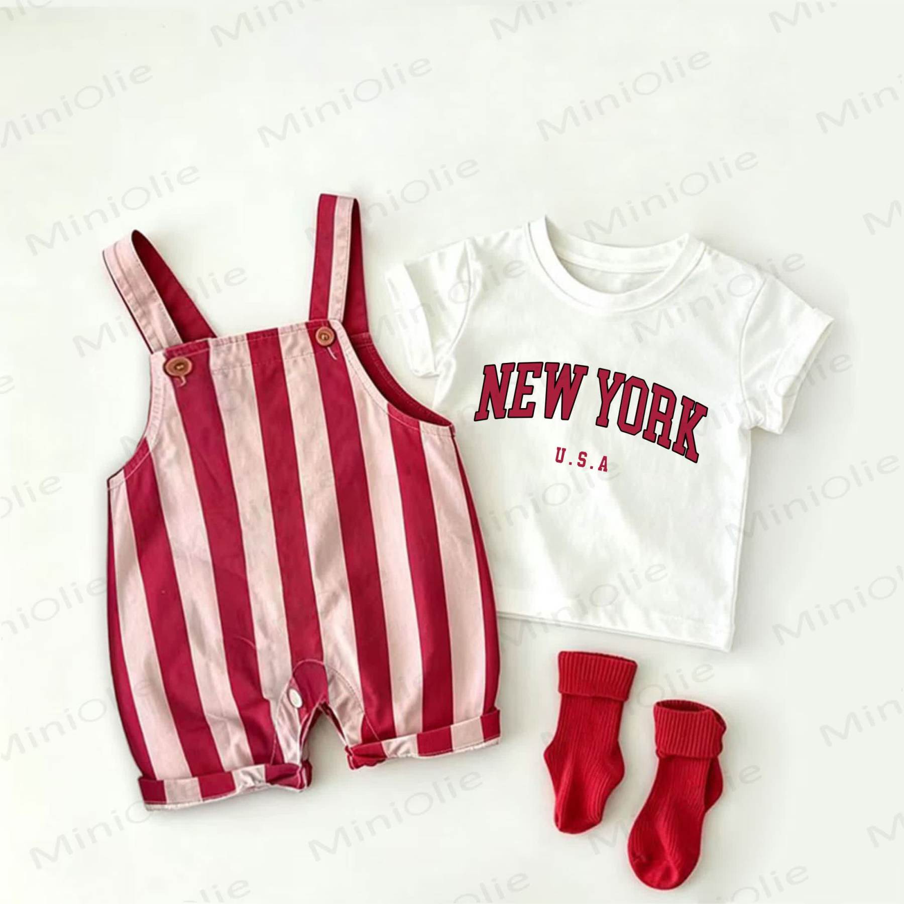 NEW YORK Baby Slogan Red Stripe Overalls and White Tee 2-piece Set - White&Red - 2-3T - image 1