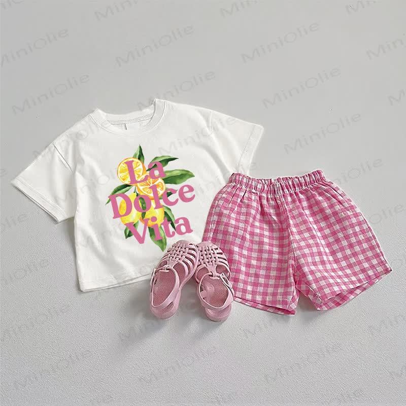 LA DOLCE VITA Baby Lemon Print Tee and Pink Plaid Shorts 2-Piece Set - White&Pink - 3-5T - image 1