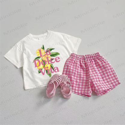 LA DOLCE VITA Baby Lemon Print Tee and Pink Plaid Shorts 2-Piece Set - White&Pink - 3-5T - image 1