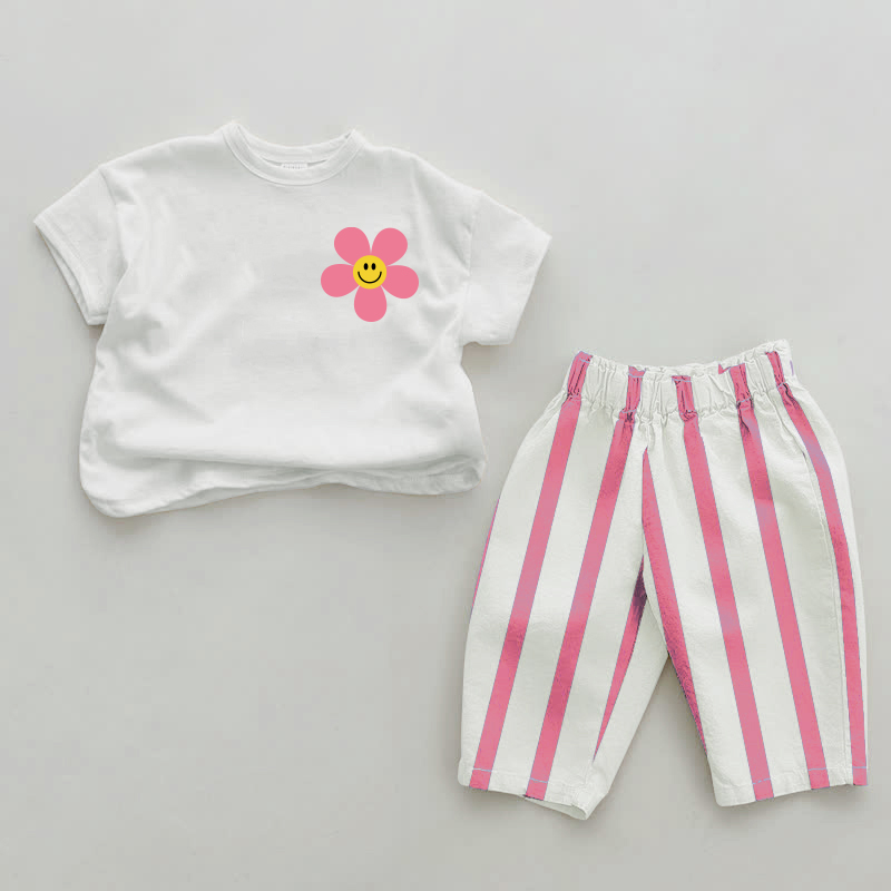 Baby Smiling Flower Pink Vertical Striped 2-piece Set - White&Pink - 2-3T - image 1