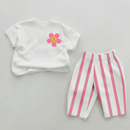 Baby Smiling Flower Pink Vertical Striped 2-piece Set - White&Pink - 2-3T - image 1