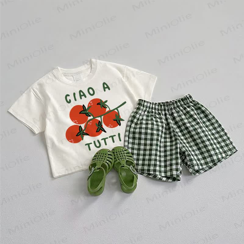 CIAO A TUTTI Baby Tee and Plaid Shorts 2-Piece Set - White&Green - 3-5T - image 1