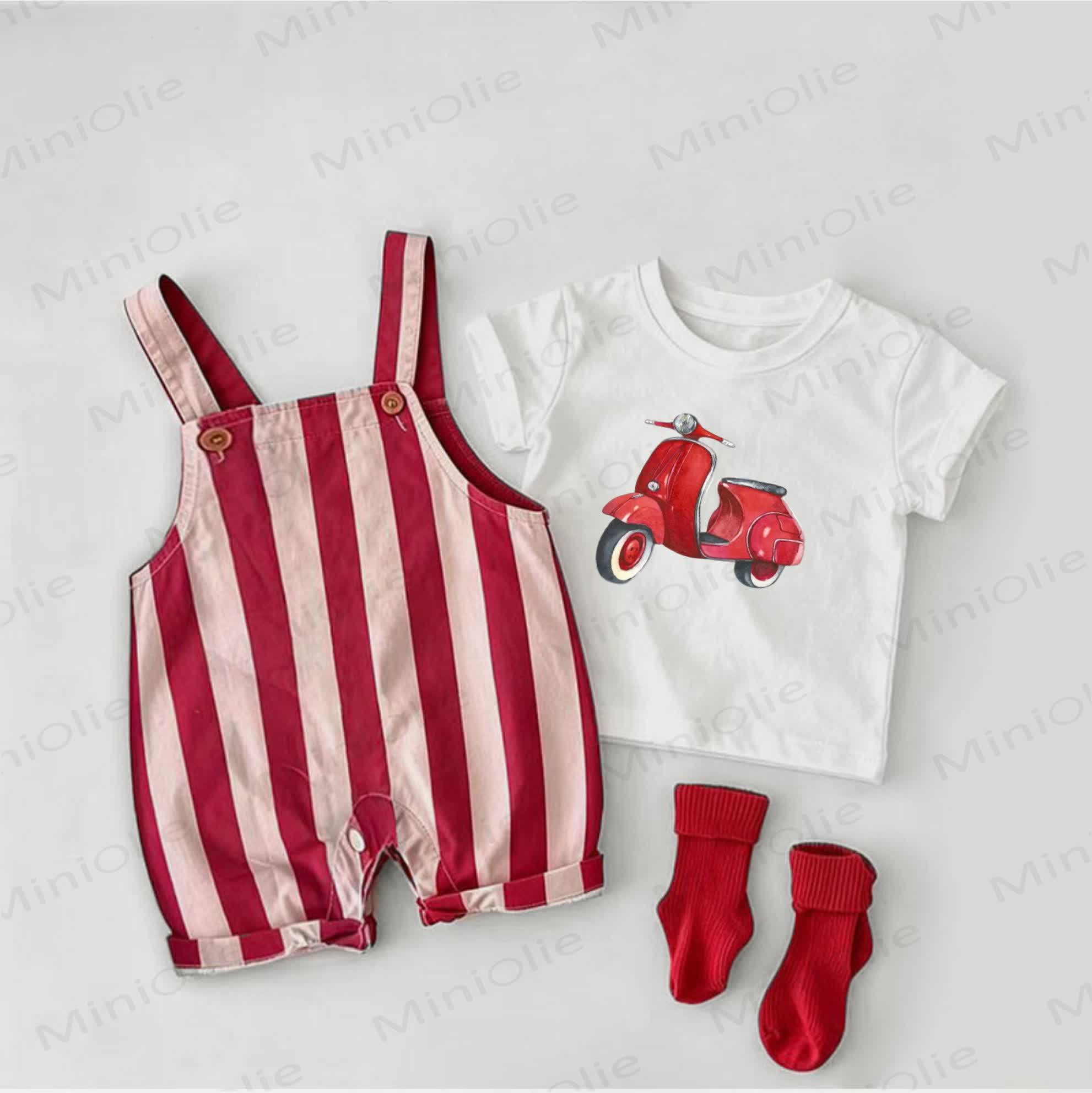 Baby Electric Bike Print Red Stripe Overalls and White Tee 2-piece Set - White&Red - 2-3T - image 1