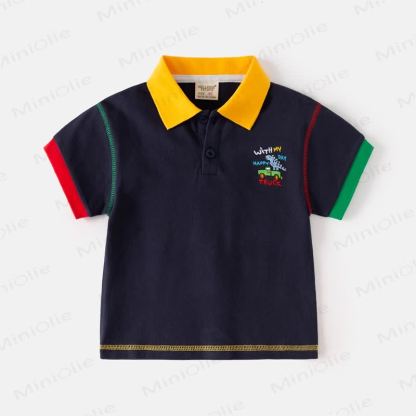 Kid Boy Embroidered Dinosaur Truck Polo Shirt - Navy Blue - 8Y - image 4