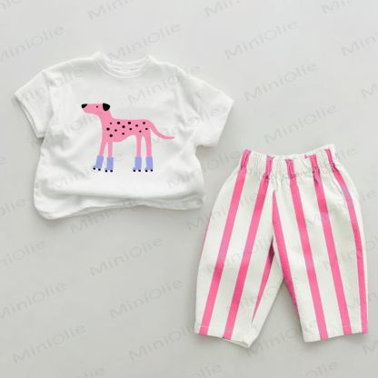 Baby Glasses Roller Skating Pink Leopard Pink Vertical Striped 2-piece Set - White&Pink - 2-3T - image 1