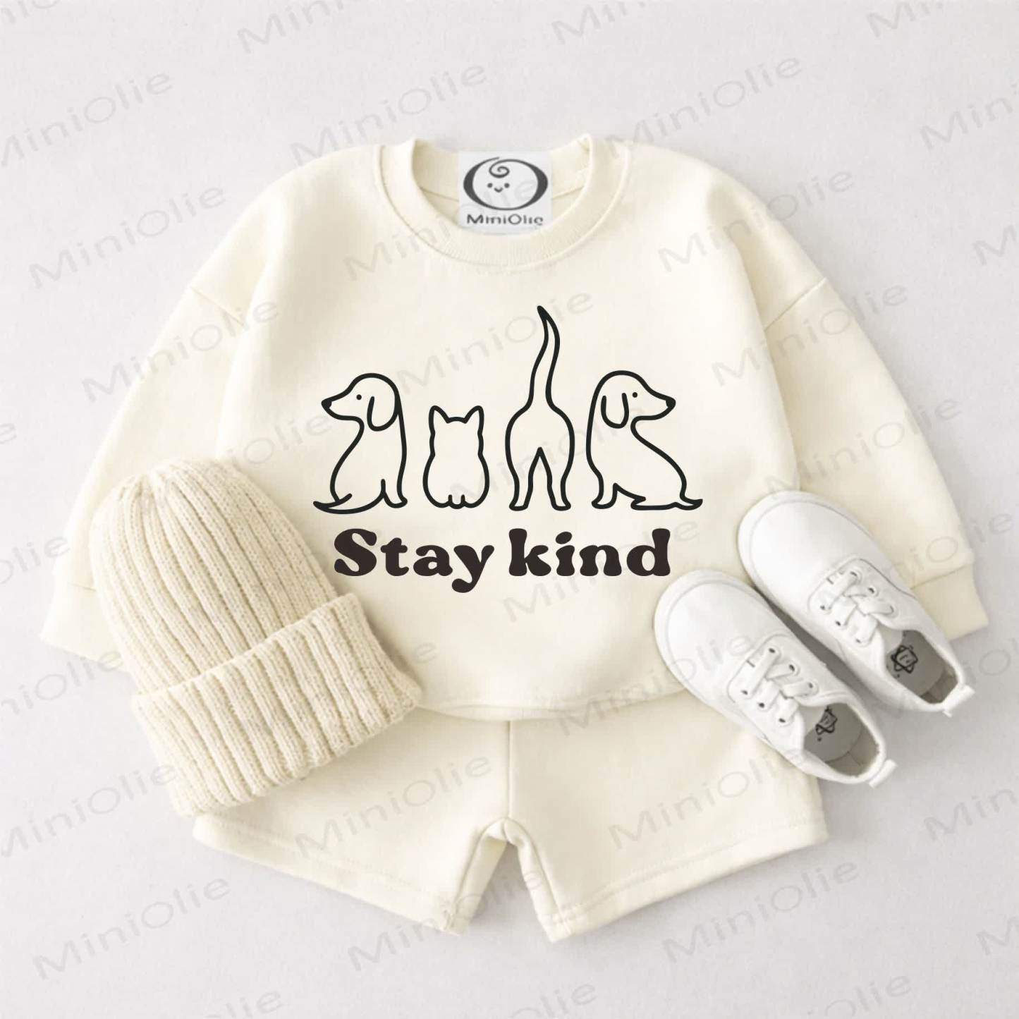 STAY KIND Baby Cream White Animals Print Sweatshirt and Shorts 2-piece Set - Cream White - 3-4T - image 1