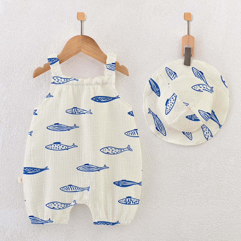 Baby Fish Beige Strap Romper with Hat - Beige - 12-18M - image 1