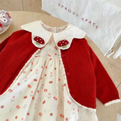 Toddler Girl Mushroom Strawberry Red Knitted Cardigan/Beige Dress - Beige Dress - 6.5T-8T - image 3