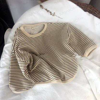 Kid Boy Striped Crew-neck Long Sleeve Top - Beige - 8-9T - image 7