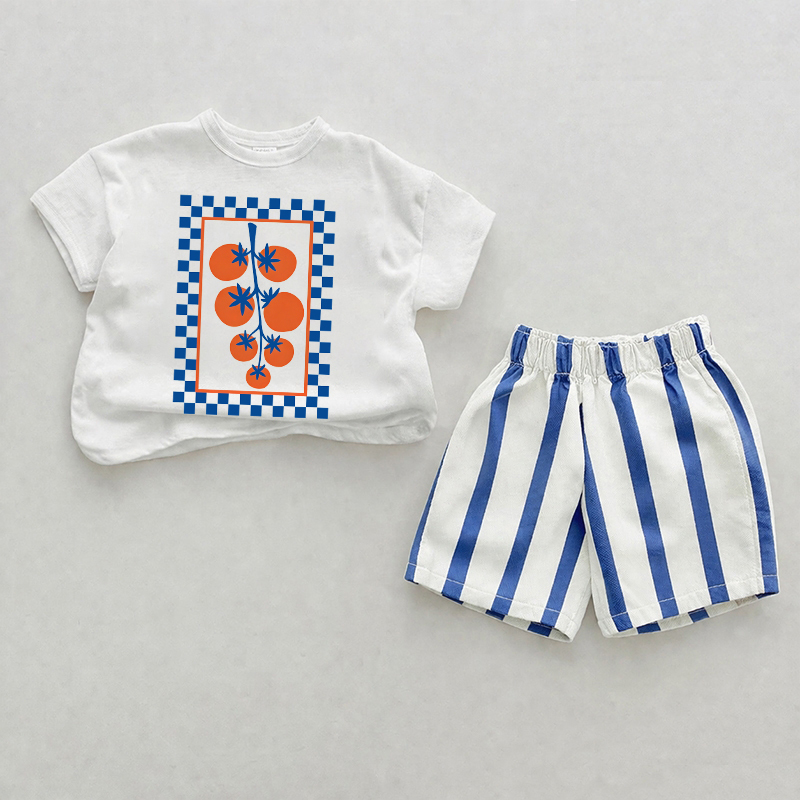 Baby Checkerboard Tomato Blue Vertical Striped 2-piece Shorts Set - White&Blue - 2-3T - image 1