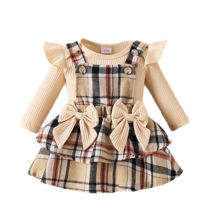Baby Girl Bow Plaid Flying Sleeves Romper Knit Dress - image 4