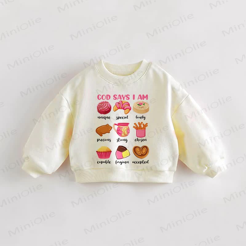 GOD SAYS I AM Baby Toddler Dessert Print Sweatshirt - Cream - 3-4T - image 1