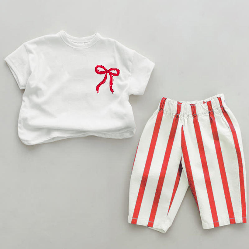 Baby Side Bow Red Vertical Striped 2-piece Set - White&Red - 2-3T - image 1