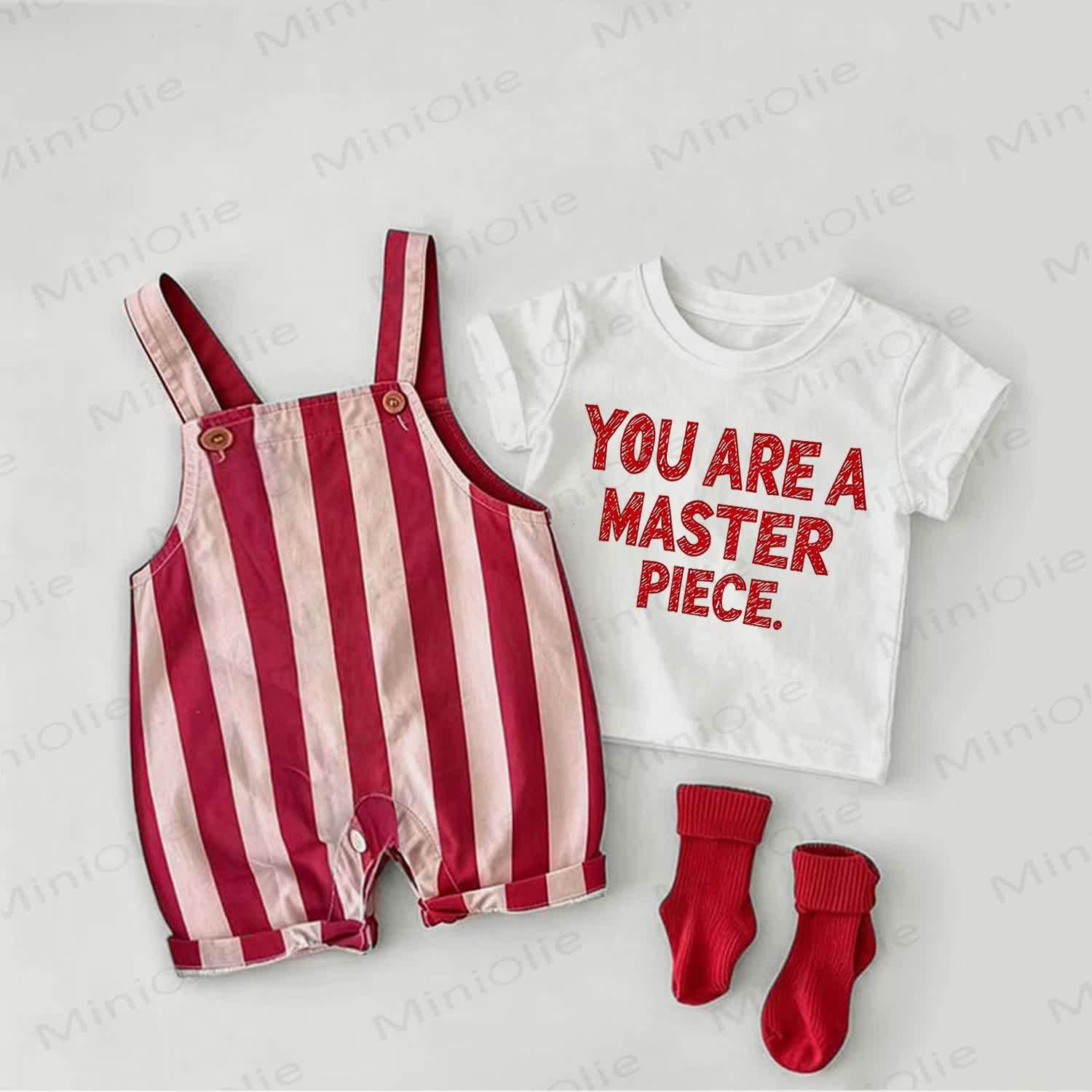 YOU ARE A MASTER PIECE Baby Slogan Red Stripe Overalls and White Tee 2-piece Set - White&Red - 2-3T - image 1