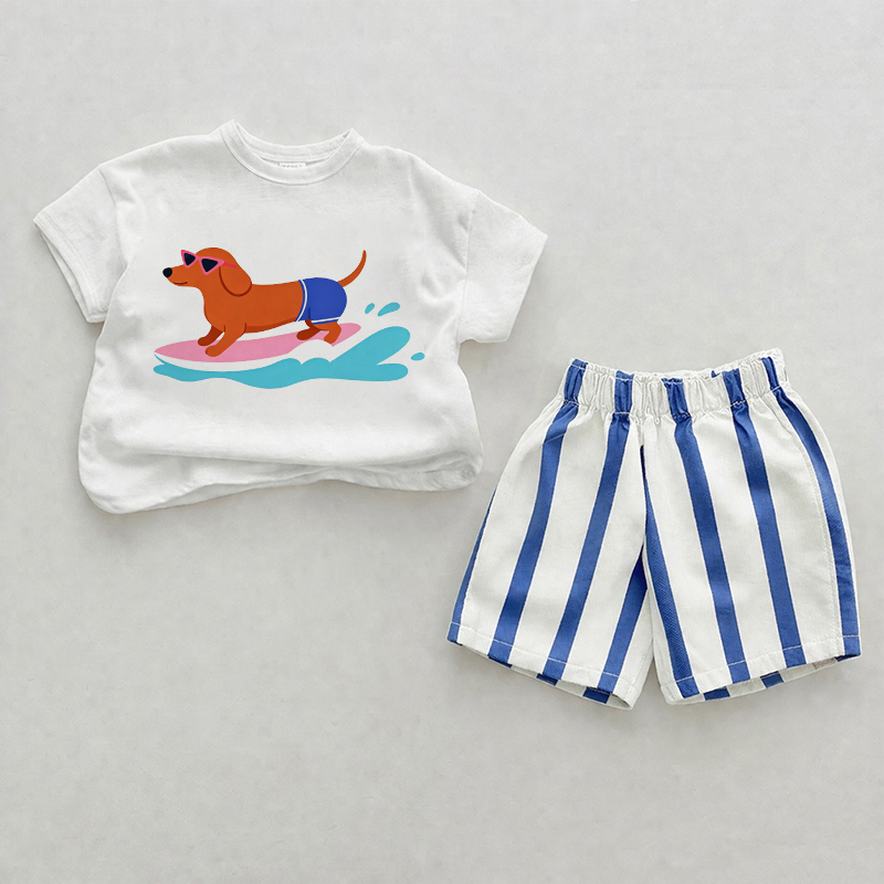 Baby Surfing Dachshund Blue Vertical Striped 2-piece Shorts Set - White&Blue - 2-3T - image 1